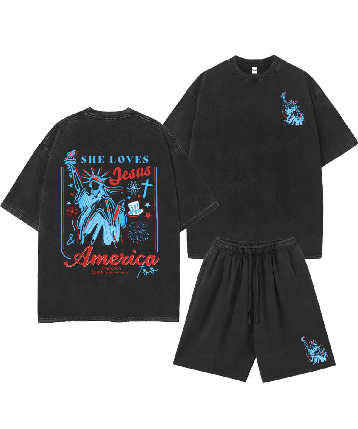 She Loves Jesus And America Too Double Sided Unisex Christian Washed T-Shirt & Shorts