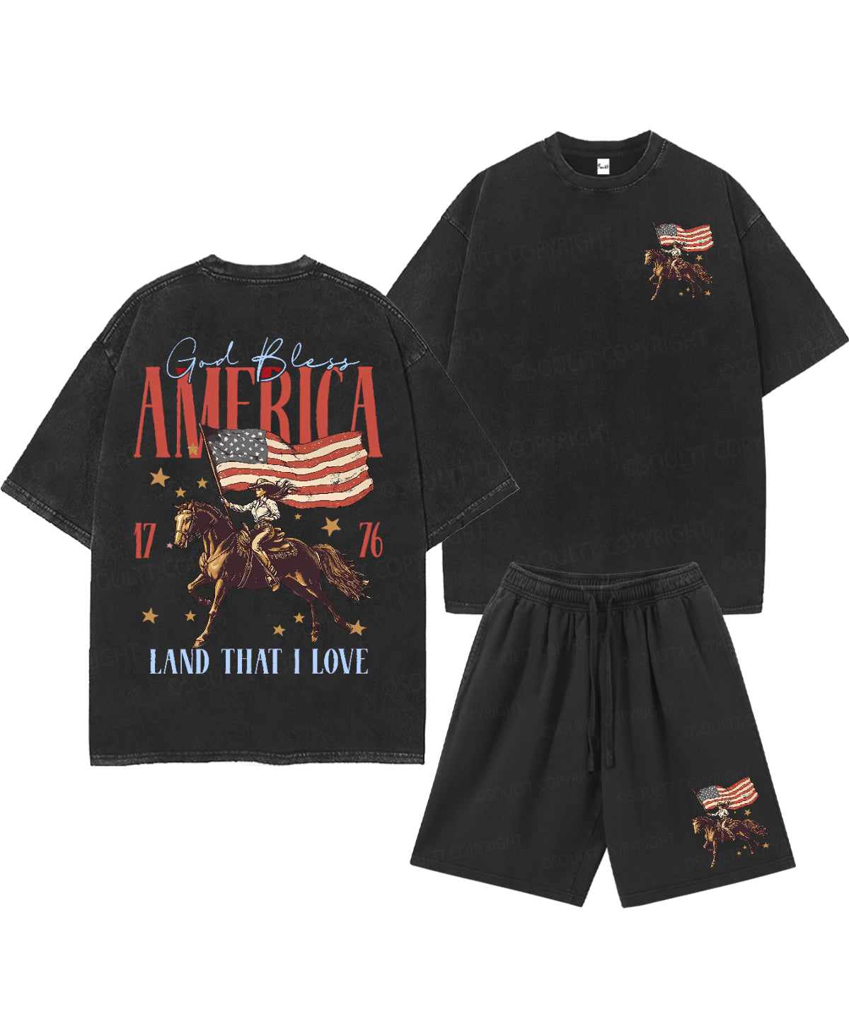 God Bless America Double Sided Unisex Christian Washed T-Shirt & Shorts
