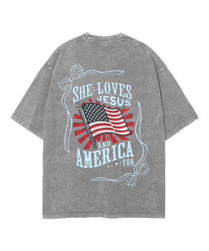 She Loves Jesus And America Too Double Sided Unisex Washed Christian T-shirt