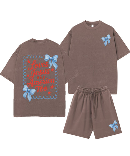 Loves Jesus And America Too Double Sided Unisex Christian Washed T-Shirt & Shorts